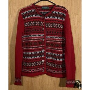 Scheiber Women's XL Fair Isle Wool Knit Cardigan Snowflakes Granny Nordic Gorp